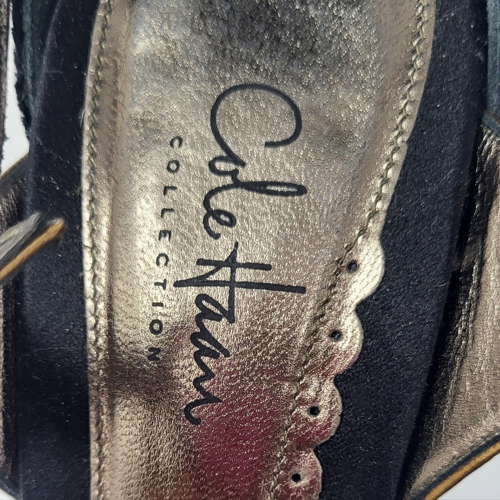 Cole Haan Black Velvet & Brassy Gold Open Toe Stilletto T-Strap Heels - Picture 14 of 16